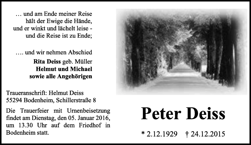  Traueranzeige für Peter Deiss vom 31.12.2015 aus  Allgemeine Zeitung Mainz