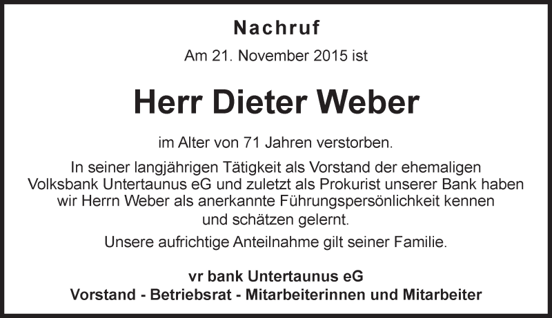  Traueranzeige für Dieter Weber vom 03.12.2015 aus  WK-UTA/Aar-Bote