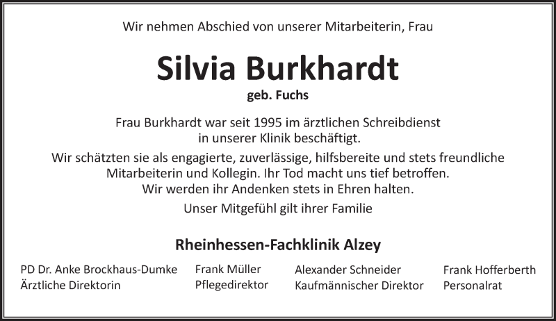  Traueranzeige für Silvia Burkhardt vom 08.01.2016 aus trauer.rmp.de