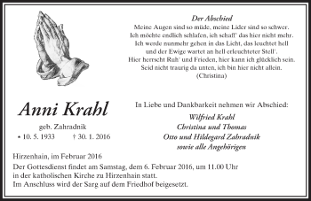 Traueranzeige von Anni Krahl von  Kreisanzeiger