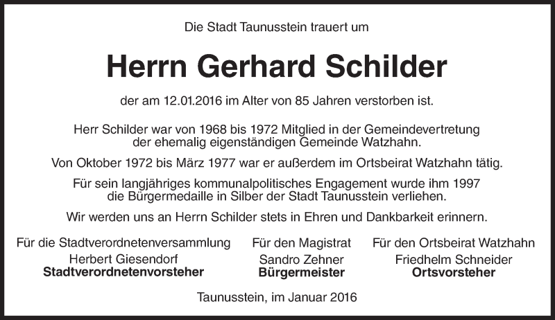  Traueranzeige für Gerhard Schilder vom 16.01.2016 aus  WK-UTA/Aar-Bote