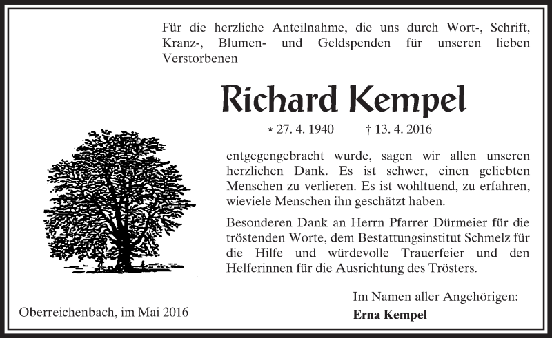  Traueranzeige für Richard Kempel vom 14.05.2016 aus  Kreisanzeiger