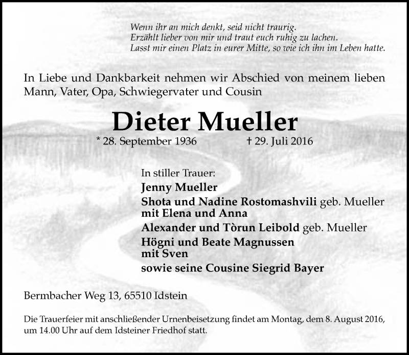  Traueranzeige für Dieter Mueller vom 04.08.2016 aus Trauerportal Rhein Main Presse