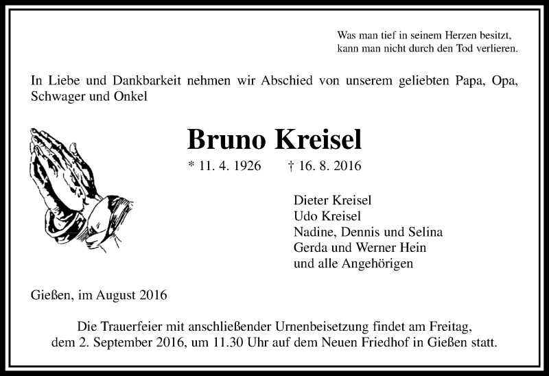  Traueranzeige für Bruno Kreisel vom 27.08.2016 aus  Gießener Anzeiger