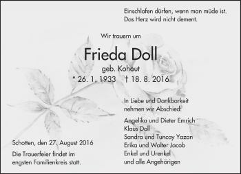 Traueranzeige von Frieda Doll von  Kreisanzeiger