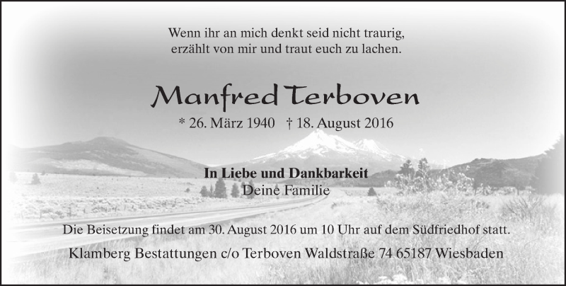  Traueranzeige für Manfred Terboven vom 27.08.2016 aus Trauerportal Rhein Main Presse