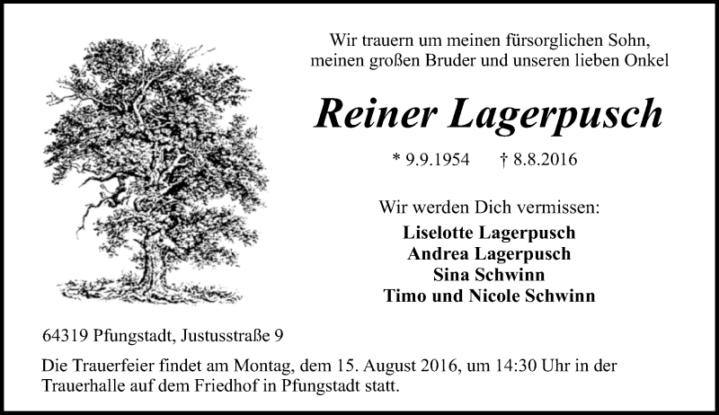  Traueranzeige für Reiner Lagerpusch vom 13.08.2016 aus Trauerportal Echo Online