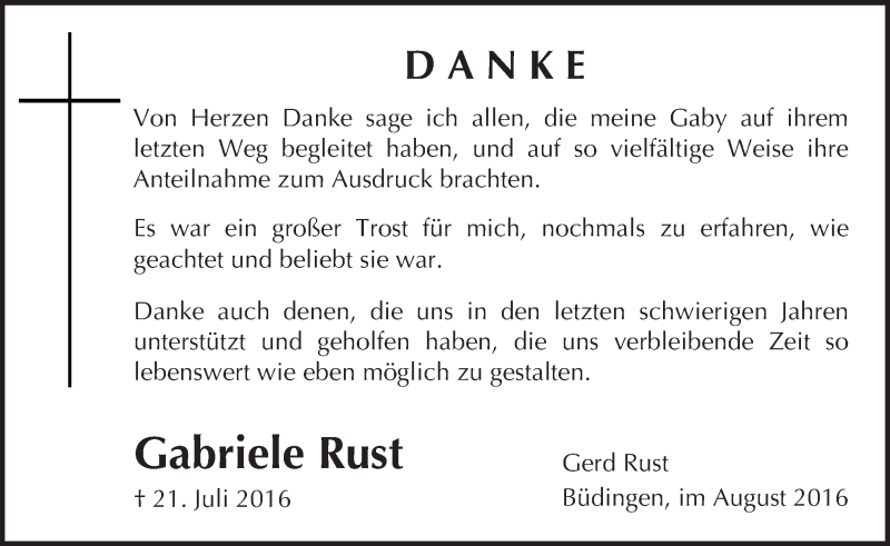  Traueranzeige für Gabriele Rust vom 27.08.2016 aus  Sonntags Anzeiger