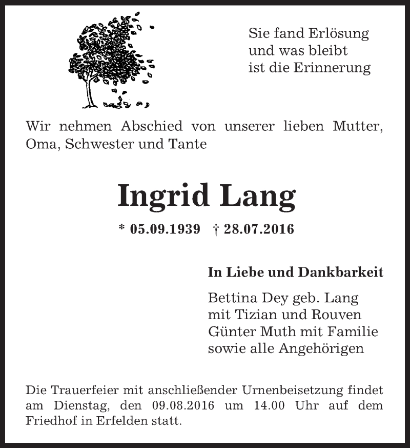  Traueranzeige für Ingrid Lang vom 06.08.2016 aus Trauerportal Echo Online