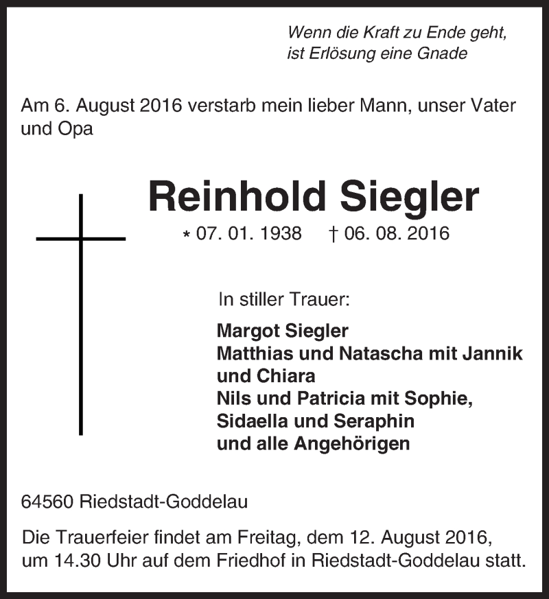  Traueranzeige für Reinhold Siegler vom 10.08.2016 aus Trauerportal Echo Online