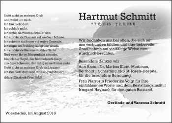 Traueranzeige von Hartmut Schmitt von Trauerportal Rhein Main Presse