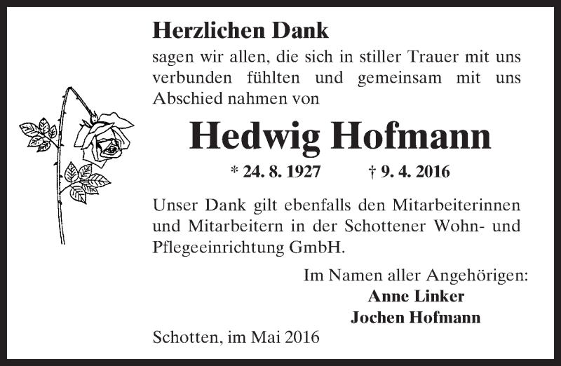  Traueranzeige für Hedwig Hofmann vom 14.05.2016 aus  Kreisanzeiger