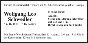 Traueranzeige von Wolfgang Leo Schwdler von Trauerportal Rhein Main Presse