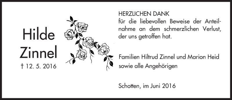  Traueranzeige für Hilde Zinnel vom 18.06.2016 aus  Kreisanzeiger