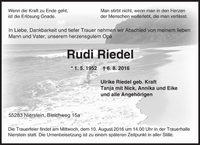  Traueranzeige für Rudi Riedel vom 09.08.2016 aus Trauerportal Rhein Main Presse