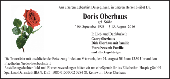 Traueranzeige von Doris Oberhaus von Trauerportal Echo Online