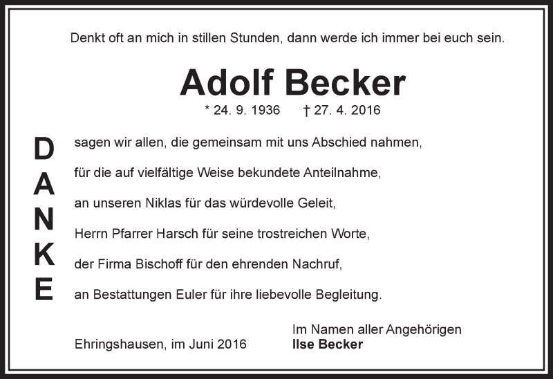  Traueranzeige für Adolf Becker vom 11.06.2016 aus VRM Trauer