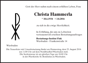Traueranzeige von Christa Hammerla von Trauerportal Rhein Main Presse