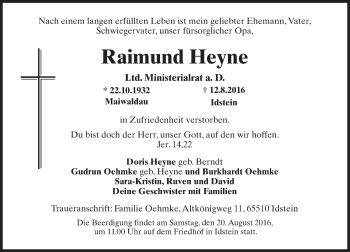 Traueranzeige von Raimund Heyne von Trauerportal Rhein Main Presse