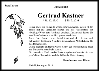 Traueranzeige von Gertrud Kastner von  OK Oberhessen Kurier