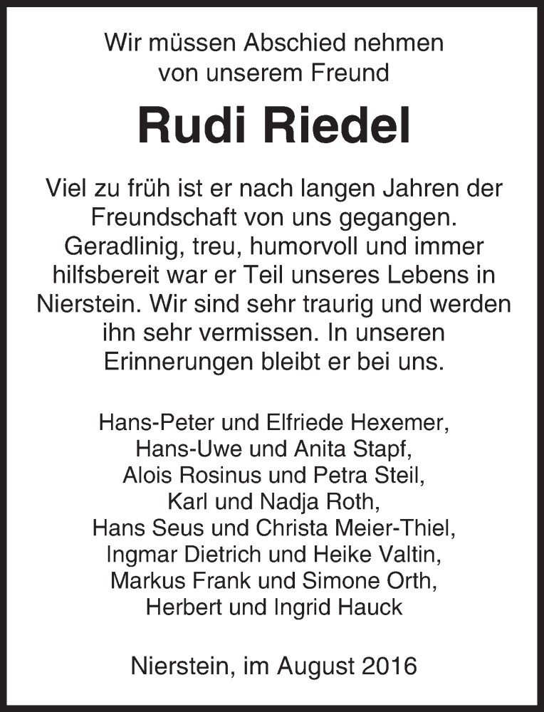  Traueranzeige für Rudi Riedel vom 10.08.2016 aus Trauerportal Rhein Main Presse