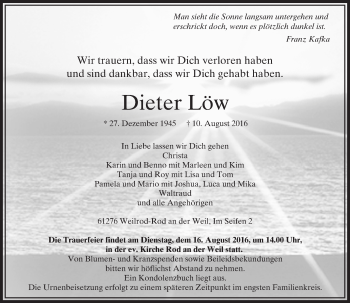 Traueranzeige von Dieter Löw von  Usinger Anzeiger