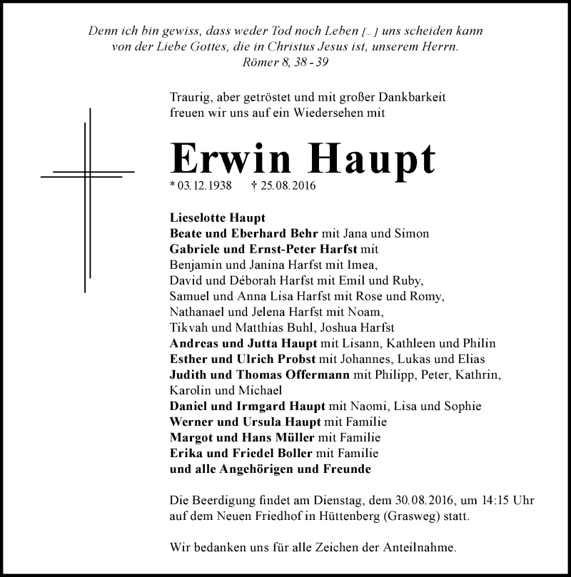  Traueranzeige für Erwin Haupt vom 27.08.2016 aus  Gießener Anzeiger