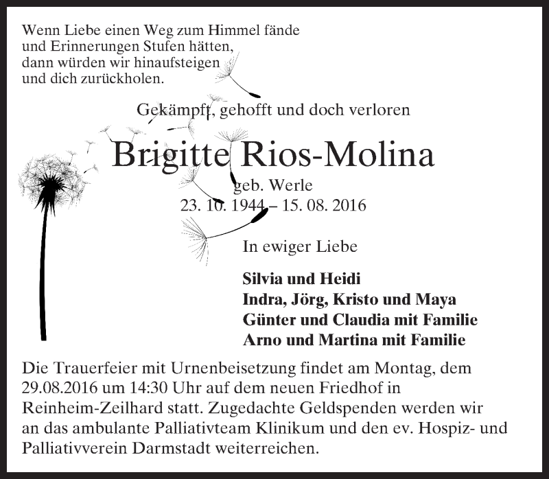  Traueranzeige für Brigitte Rios-Molina vom 20.08.2016 aus Trauerportal Echo Online