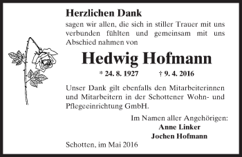 Traueranzeige von Hedwig Hofmann von  Kreisanzeiger