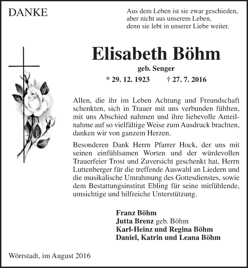  Traueranzeige für Elisabeth Böhm vom 27.08.2016 aus Trauerportal Rhein Main Presse