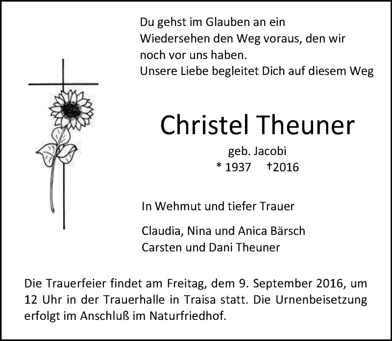  Traueranzeige für Christel Theuner vom 20.08.2016 aus Trauerportal Echo Online