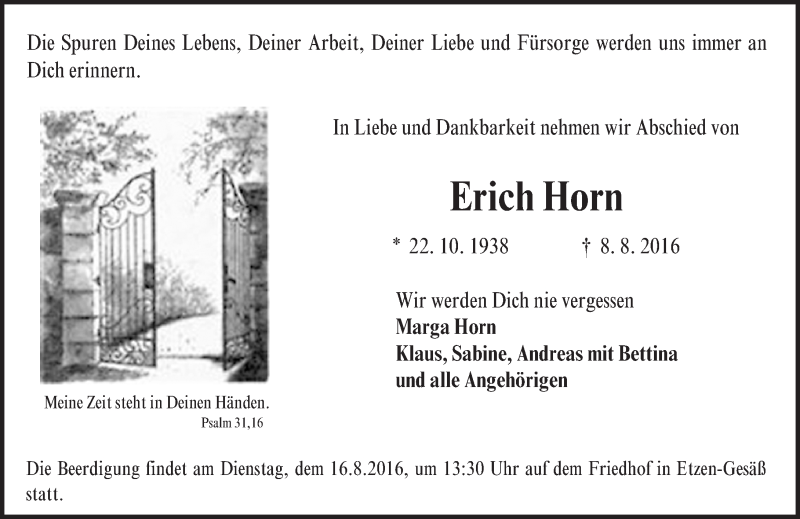  Traueranzeige für Erich Horn vom 12.08.2016 aus Trauerportal Echo Online