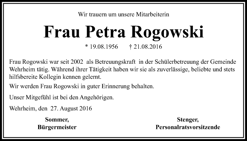  Traueranzeige für Petra Rogowski vom 27.08.2016 aus  Usinger Anzeiger
