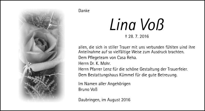  Traueranzeige für Lina Voß vom 27.08.2016 aus  Gießener Anzeiger