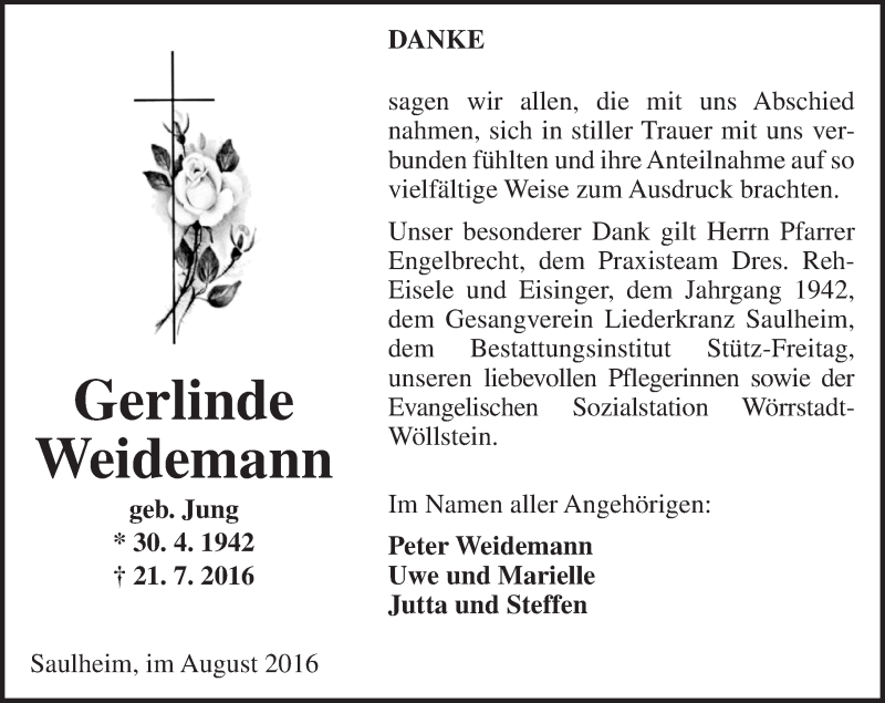  Traueranzeige für Gerlinde Weidemann vom 27.08.2016 aus Trauerportal Rhein Main Presse