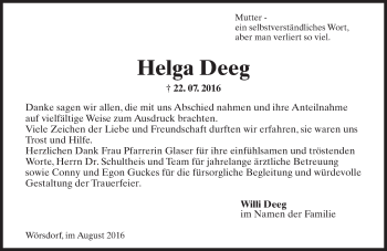 Traueranzeige von Helga Deeg von Trauerportal Rhein Main Presse