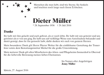 Traueranzeige von Dieter Müller von Trauerportal Rhein Main Presse