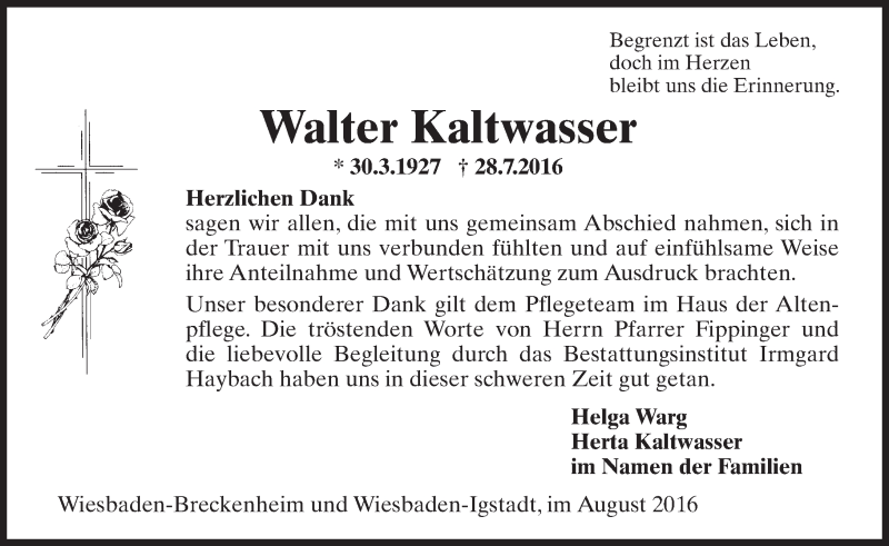  Traueranzeige für Walter Kaltwasser vom 27.08.2016 aus Trauerportal Rhein Main Presse