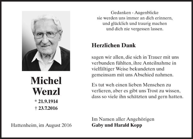  Traueranzeige für Michel Wenzl vom 25.08.2016 aus Trauerportal Rhein Main Presse