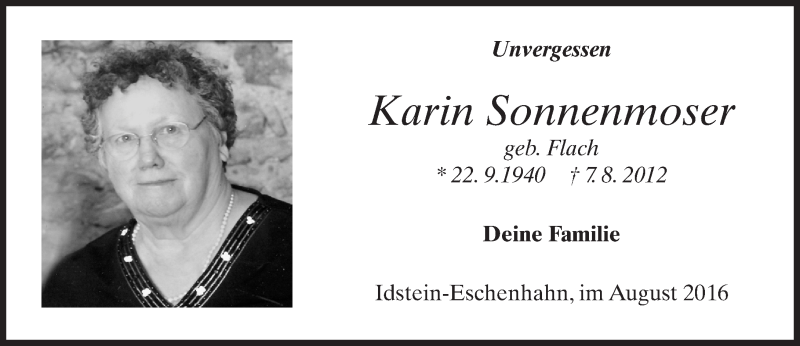  Traueranzeige für Karin Sonnenmoser vom 08.08.2016 aus Trauerportal Rhein Main Presse