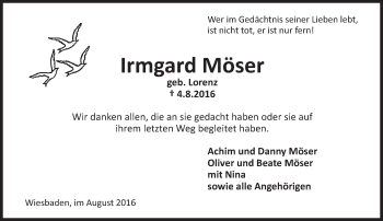 Traueranzeige von Irmgard Möser von Trauerportal Rhein Main Presse