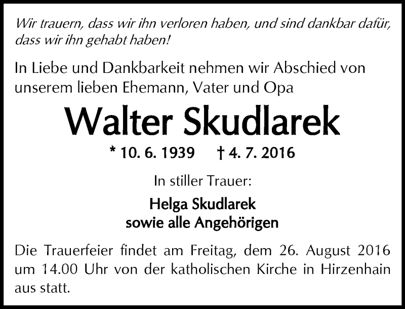  Traueranzeige für Walter Skudlarek vom 24.08.2016 aus  Kreisanzeiger