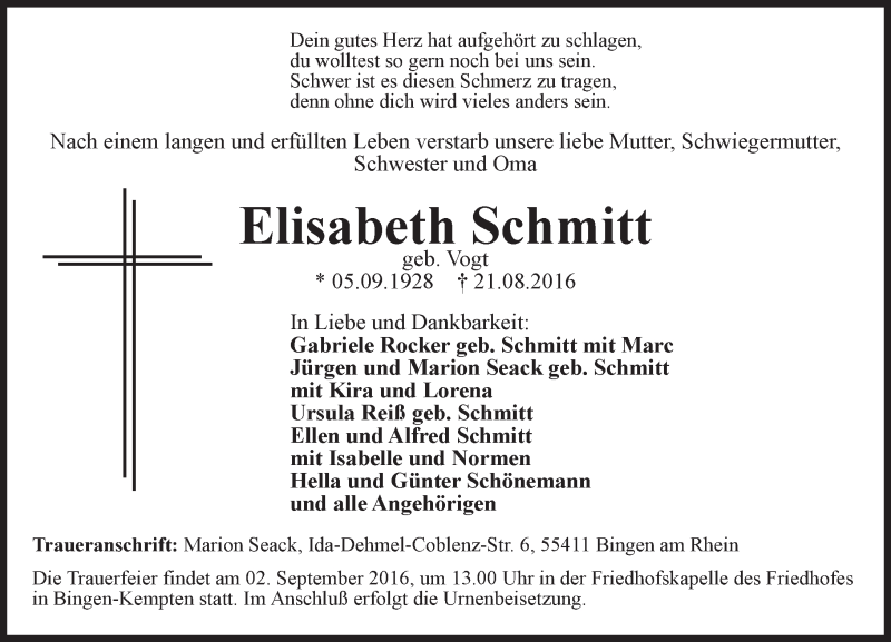  Traueranzeige für Elisabeth Schmitt vom 27.08.2016 aus Trauerportal Rhein Main Presse