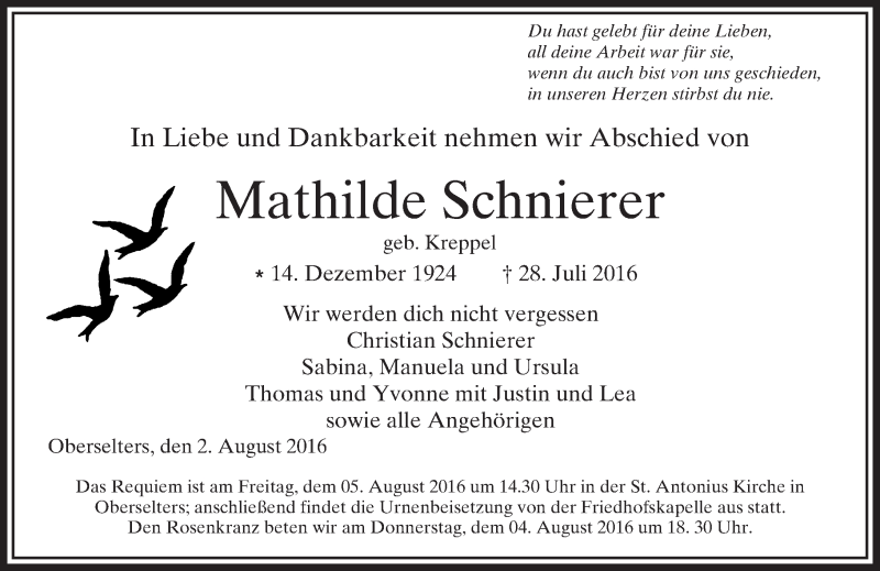  Traueranzeige für Mathilde Schnierer vom 04.08.2016 aus  Camberger Anzeiger