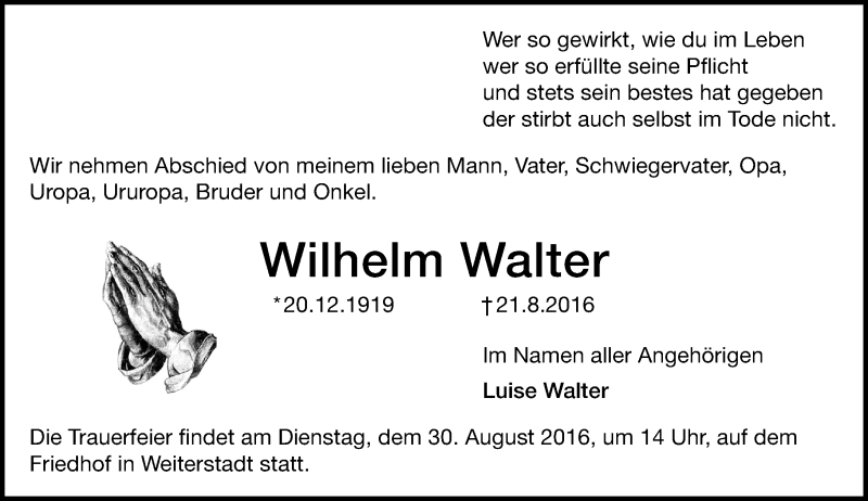  Traueranzeige für Wilhelm Walter vom 27.08.2016 aus Trauerportal Echo Online