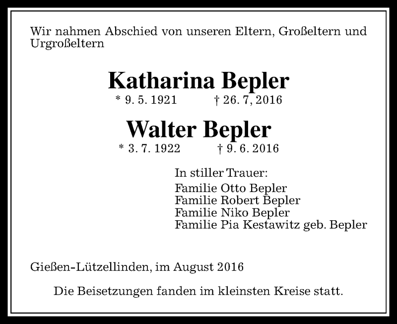  Traueranzeige für Katharina und Walter Bepler vom 31.08.2016 aus  Gießener Anzeiger