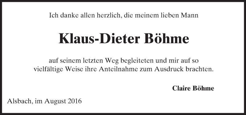  Traueranzeige für Klaus-Dieter Böhme vom 06.08.2016 aus Trauerportal Echo Online