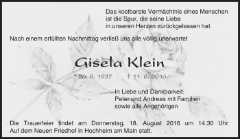 Traueranzeige von Gisela Klein von Trauerportal Rhein Main Presse