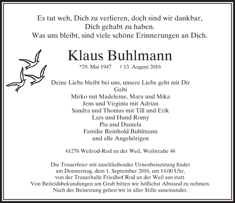  Traueranzeige für Klaus Buhlmann vom 27.08.2016 aus  Usinger Anzeiger