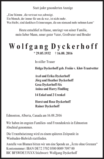 Traueranzeige von Wolfgang Dyckerhoff von Trauerportal Rhein Main Presse